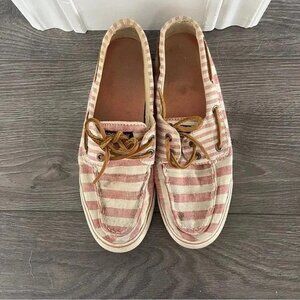 Sperry Boat Shoes Red and White Seer Sucker Stripe Leather Lace Up Preppy Size 7